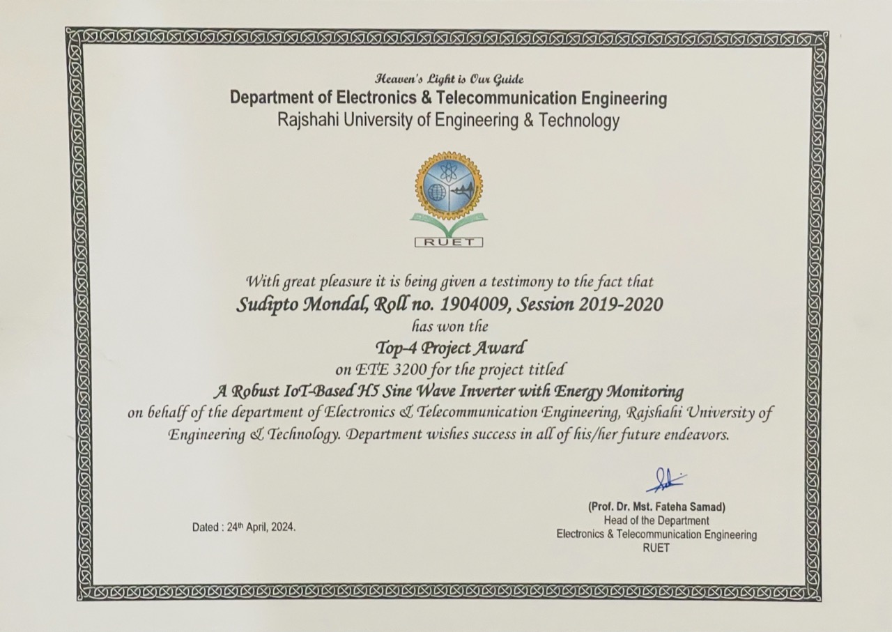 Top 4 Project Award from Dept. of ETE, RUET (Communication based Project)